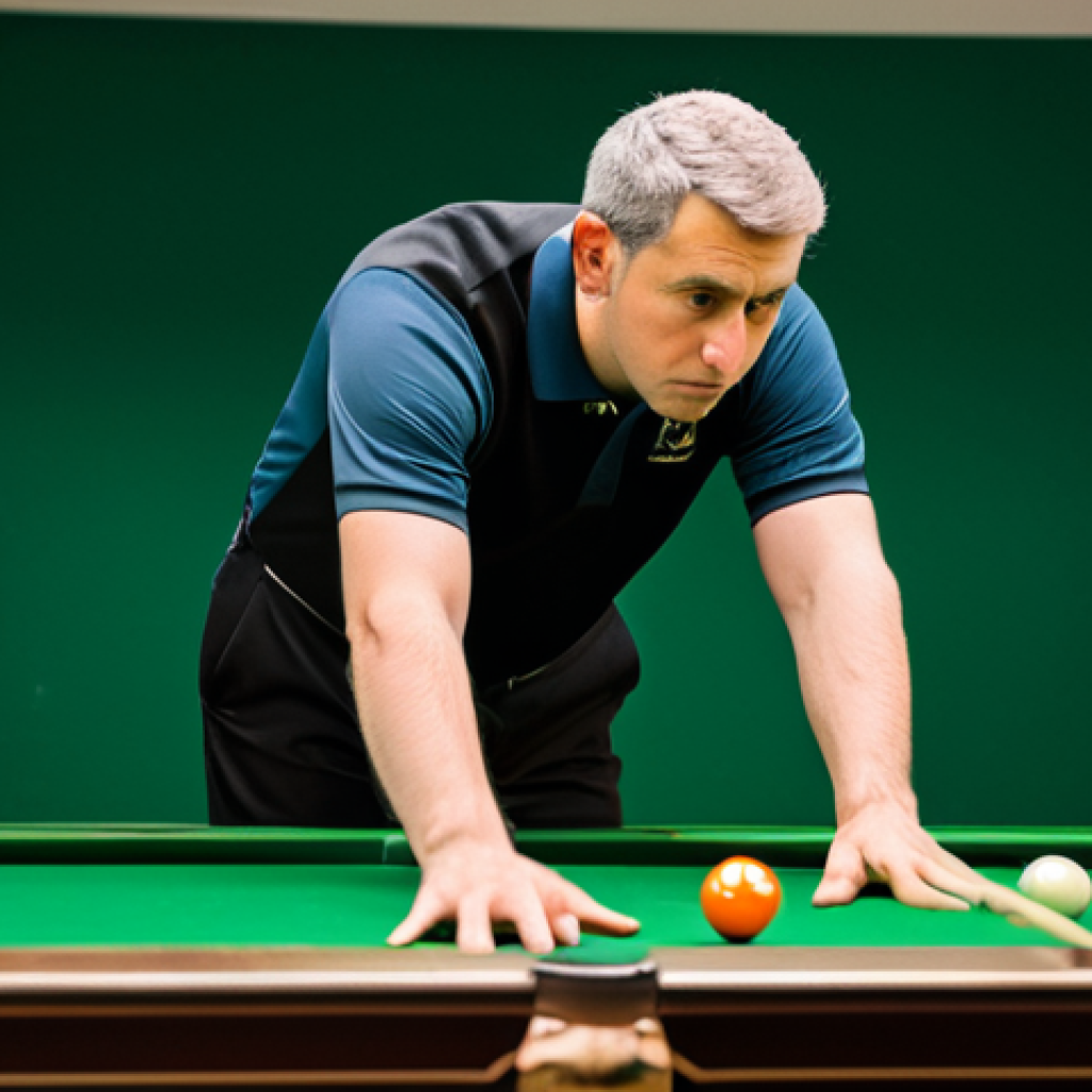 A professional male billiards player, dressed in a modest, dark polo shirt and professional black trousers, stands intently over a pristine, green 3-cushion billiards table in a classic, well-lit billiards hall. His expression is one of deep concentration and analytical thought, as if meticulously calculating angles or visualizing the trajectory of the balls. The player's posture is natural and composed, highlighting the intellectual engagement and mental discipline required for the game. Fully clothed, modest clothing, appropriate attire, professional dress, safe for work, appropriate content, professional, perfect anatomy, correct proportions, natural pose, well-formed hands, proper finger count, natural body proportions, high-quality professional photography, sharp focus, detailed.
