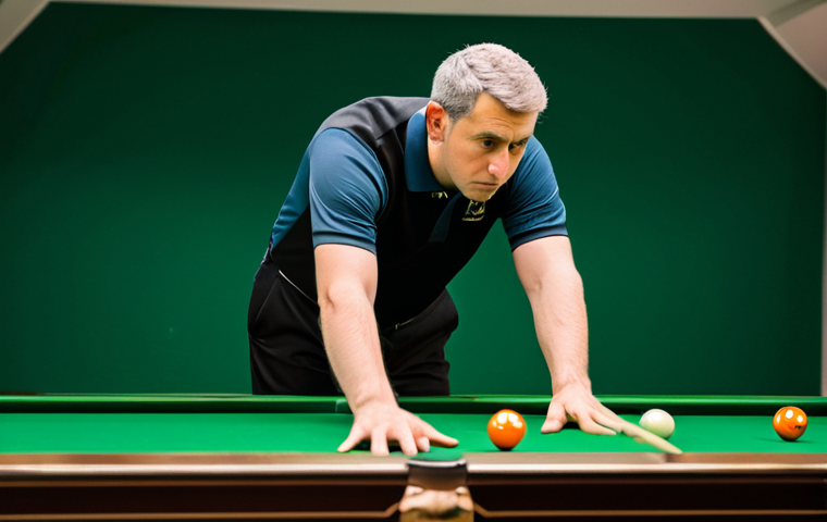 A professional male billiards player, dressed in a modest, dark polo shirt and professional black trousers, stands intently over a pristine, green 3-cushion billiards table in a classic, well-lit billiards hall. His expression is one of deep concentration and analytical thought, as if meticulously calculating angles or visualizing the trajectory of the balls. The player's posture is natural and composed, highlighting the intellectual engagement and mental discipline required for the game. Fully clothed, modest clothing, appropriate attire, professional dress, safe for work, appropriate content, professional, perfect anatomy, correct proportions, natural pose, well-formed hands, proper finger count, natural body proportions, high-quality professional photography, sharp focus, detailed.