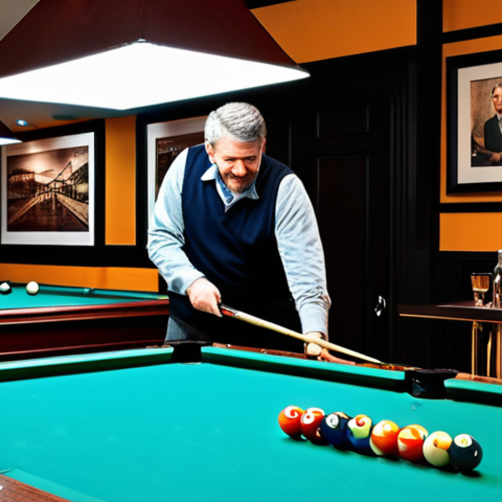 A vibrant, modern billiard club interior. Adults of various ethnicities, fully clothed in comfortable, modest casual attire, are enjoying themselves. Some are playing billiards on well-maintained tables, others are gathered around a stylish bar area with quality beverages and small food plates. A small, neatly organized display of billiard accessories is subtly visible. The lighting is warm and inviting, creating a lively yet relaxed ambiance. The space is clean and well-designed, featuring comfortable seating. Safe for work, appropriate content, fully clothed, family-friendly, perfect anatomy, correct proportions, natural poses, well-formed hands, proper finger count, natural body proportions, professional photography, high quality.