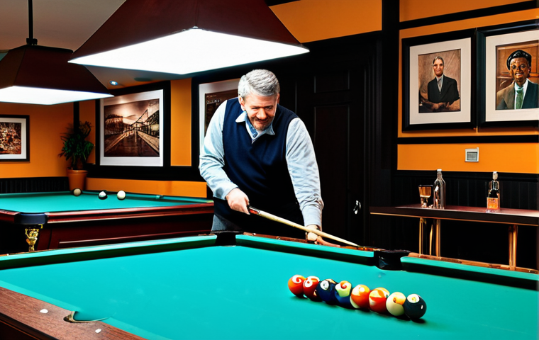 A vibrant, modern billiard club interior. Adults of various ethnicities, fully clothed in comfortable, modest casual attire, are enjoying themselves. Some are playing billiards on well-maintained tables, others are gathered around a stylish bar area with quality beverages and small food plates. A small, neatly organized display of billiard accessories is subtly visible. The lighting is warm and inviting, creating a lively yet relaxed ambiance. The space is clean and well-designed, featuring comfortable seating. Safe for work, appropriate content, fully clothed, family-friendly, perfect anatomy, correct proportions, natural poses, well-formed hands, proper finger count, natural body proportions, professional photography, high quality.