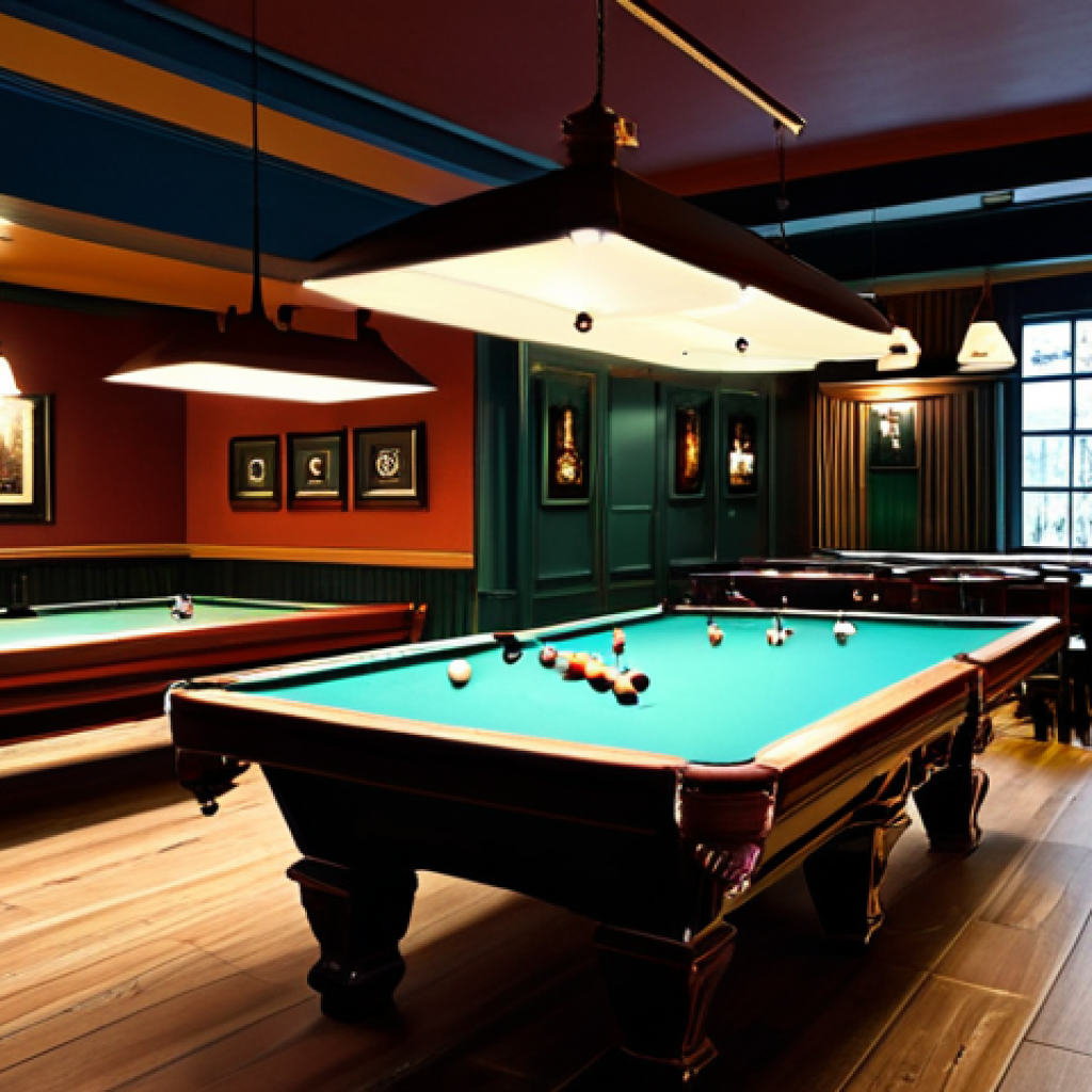 Cozy Billiards Club Ambiance**
"A warmly lit billiards club interior, featuring several pool tables with focused lighting above them, fully clothed patrons enjoying games, appropriate attire, safe for work. The decor includes stylish acoustic panels and vintage-inspired lamps. There's a bar area in the background with people socializing. perfect anatomy, correct proportions, natural pose, professional photography, high quality, modest, family-friendly."
**
