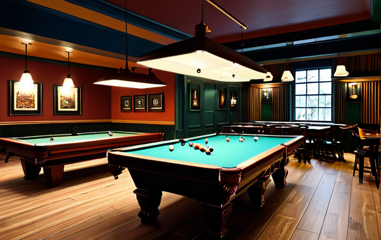 Cozy Billiards Club Ambiance**
"A warmly lit billiards club interior, featuring several pool tables with focused lighting above them, fully clothed patrons enjoying games, appropriate attire, safe for work. The decor includes stylish acoustic panels and vintage-inspired lamps. There's a bar area in the background with people socializing. perfect anatomy, correct proportions, natural pose, professional photography, high quality, modest, family-friendly."
**
