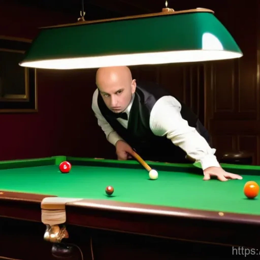 당구 라운드별 전략 - A male professional billiard player, impeccably dressed in a sharp vest and long-sleeved shirt, stan...