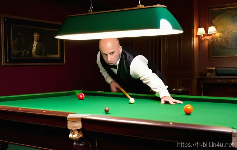 당구 라운드별 전략 - A male professional billiard player, impeccably dressed in a sharp vest and long-sleeved shirt, stan...