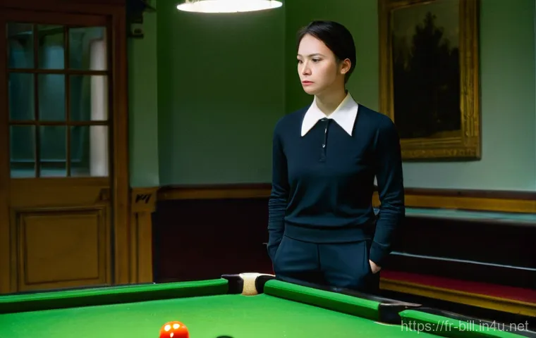 당구 라운드별 전략 - A close-up, dynamic shot focusing on the moment of impact in a game of billiards. A slender, polishe...