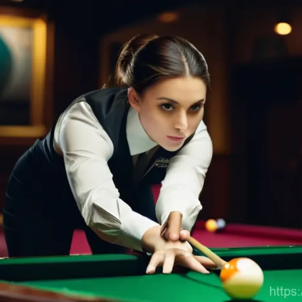 당구 트릭샷 연습법 - **Dynamic Trick Shot Execution:** A high-angle, cinematic shot of a focused female billiards player,...