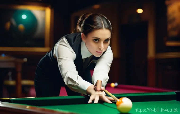당구 트릭샷 연습법 - **Dynamic Trick Shot Execution:** A high-angle, cinematic shot of a focused female billiards player,...
