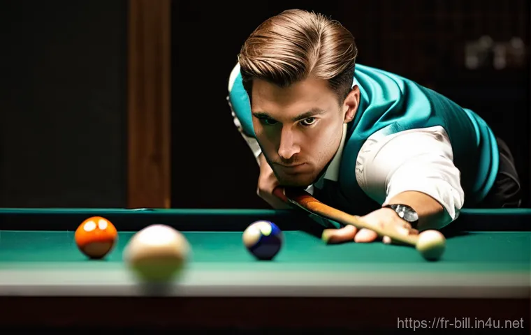 당구 트릭샷 연습법 - **Dynamic Trick Shot Execution:** A high-angle, cinematic shot of a focused female billiards player,...