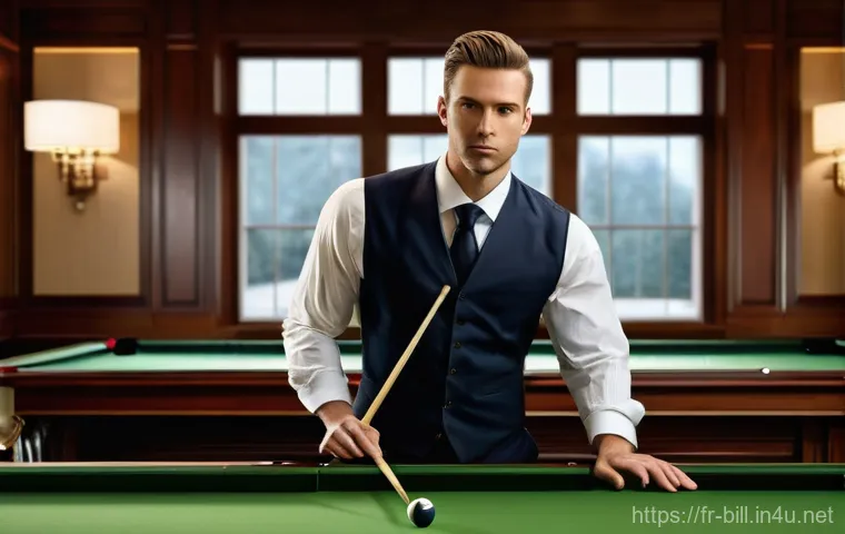 당구 트릭샷 연습법 - **Concentrated Practice and Precision Training:** A close-up, warm-toned image of a male billiards p...