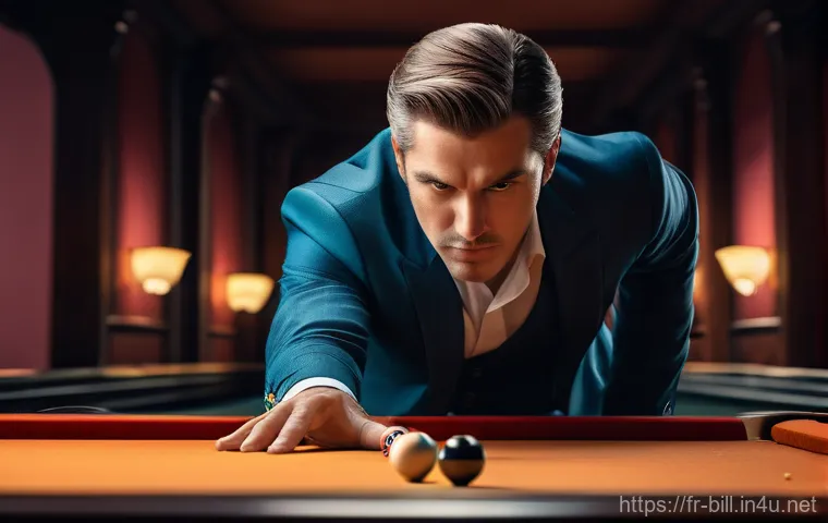 당구 테이블 크기별 차이 - A focused and elegantly dressed adult, male or female, precisely executing a complex carom shot on a...