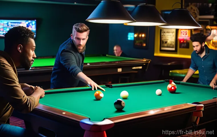 당구 테이블 크기별 차이 - A focused and elegantly dressed adult, male or female, precisely executing a complex carom shot on a...