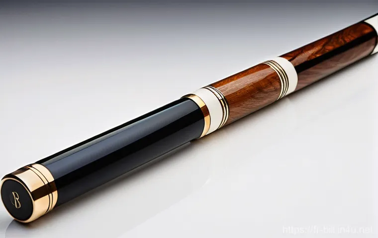 당구 큐 커스터마이징 - A close-up, highly detailed photograph of a custom-made billiard cue. The cue's shaft and butt are c...