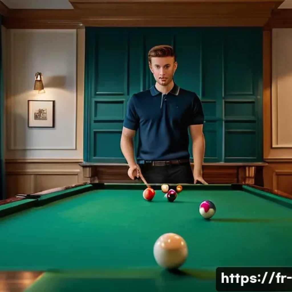 당구 연습용 공 세트 - **Prompt: A focused young adult, dressed in a neat polo shirt and dark trousers, stands over a class...