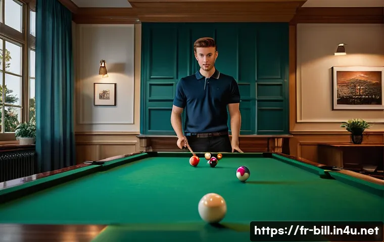 당구 연습용 공 세트 - **Prompt: A focused young adult, dressed in a neat polo shirt and dark trousers, stands over a class...