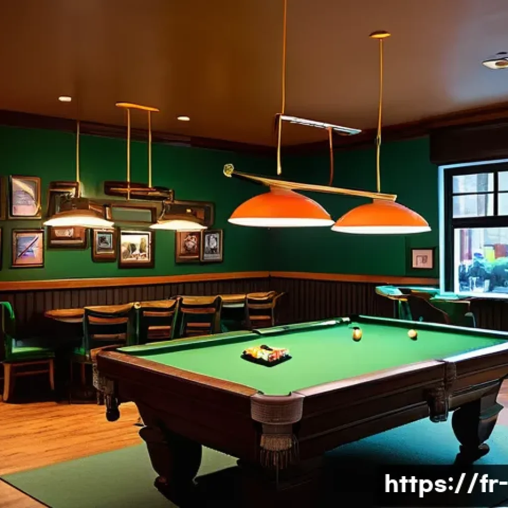 광주 당구장 추천 - A cozy, modern billiard club interior with warm ambient lighting, featuring high-quality pool tables...
