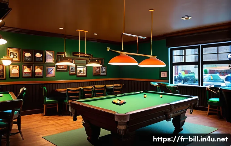 광주 당구장 추천 - A cozy, modern billiard club interior with warm ambient lighting, featuring high-quality pool tables...