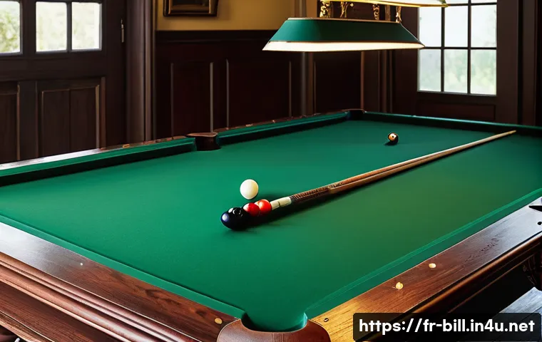 당구 테이블 관리 방법 - A well-lit indoor scene of a classic billiard table with a wool-blend green felt surface, wooden fra...