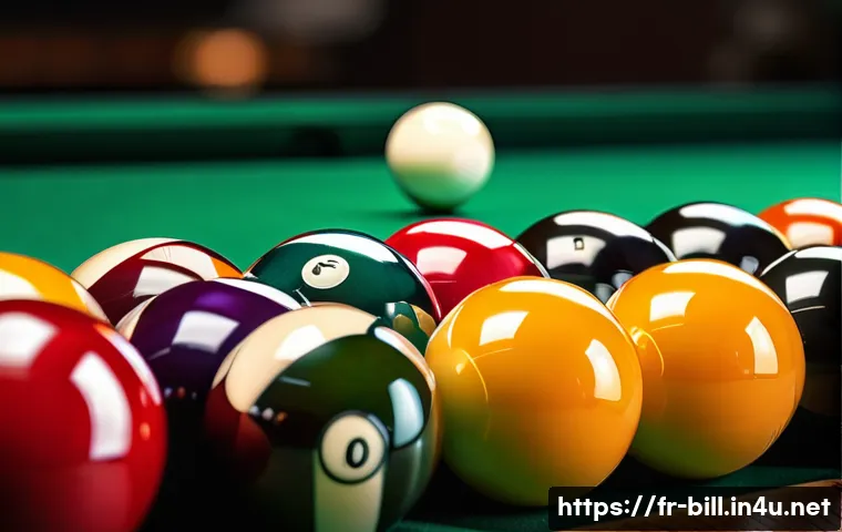 당구 공 종류와 특징 - A close-up of high-quality billiard balls made from phenolic resin, showcasing their glossy, semi-br...