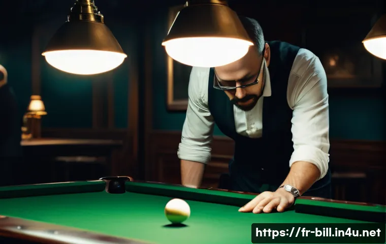 당구 영화 추천 - A tense cinematic billiard duel scene set in a dimly lit smoky pool hall, two focused adult players ...