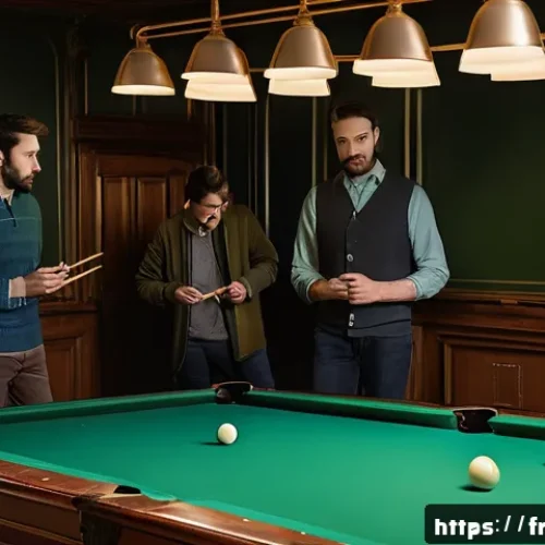 당구장에서 지켜야 할 규칙 - A cozy, well-lit French billiard hall with a group of diverse players engaging in a friendly game. T...