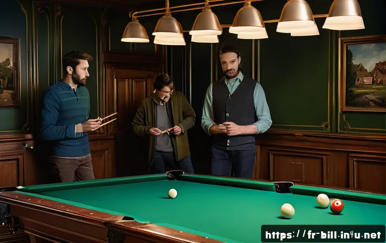 당구장에서 지켜야 할 규칙 - A cozy, well-lit French billiard hall with a group of diverse players engaging in a friendly game. T...