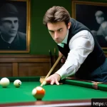 당구 게임에서 실수 줄이는 법 - A focused male billiards player in a cozy Parisian billiard hall, standing in a stable stance with f...