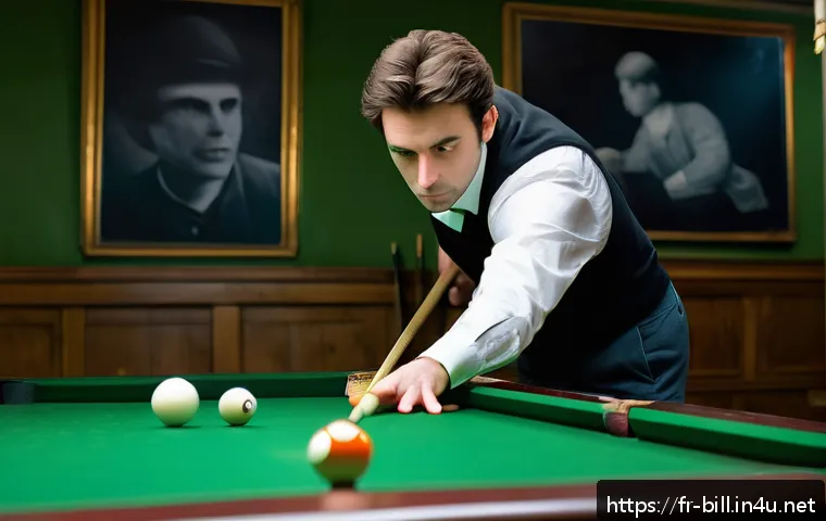 당구 게임에서 실수 줄이는 법 - A focused male billiards player in a cozy Parisian billiard hall, standing in a stable stance with f...