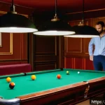 당구 점수 계산 방법 - A cozy French billiard club interior with warm wooden paneling and vintage posters in French on the ...