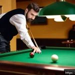 당구 경기 규칙 오해 - A skilled billiards player in a cozy French caf&eacute; setting, demonstrating perfect posture with feet sh...
