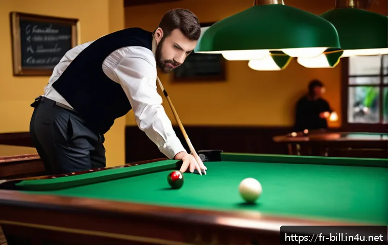 당구 경기 규칙 오해 - A skilled billiards player in a cozy French caf&eacute; setting, demonstrating perfect posture with feet sh...
