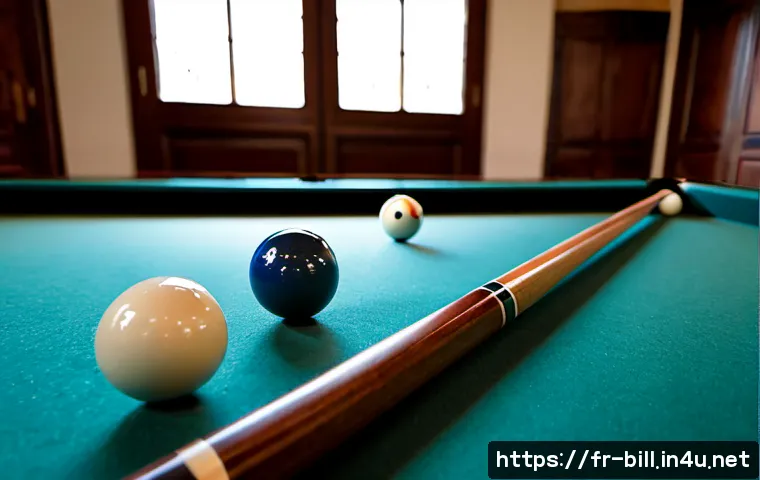 당구용 초크 선택 가이드 - Photorealistic close-up of a French billiards table in a refined club setting, three different cue c...