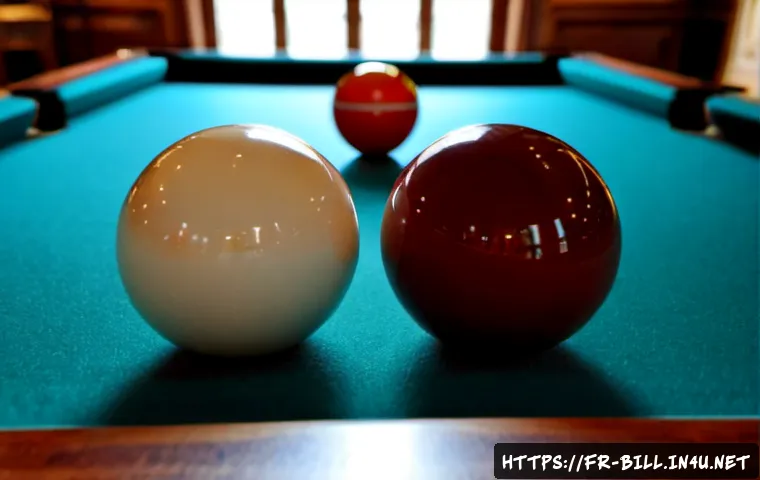 Home 17 3구 당구 공 규격 - Photorealistic close-up of a French carom billiards table with three polished balls—two ivory-white ...